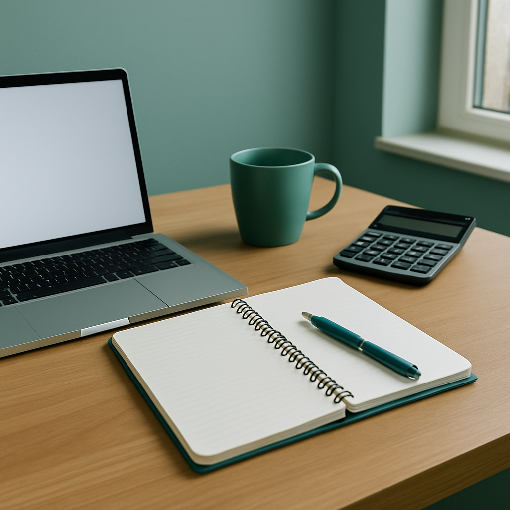 Clean bookkeeping workspace with teal mug, teal pen, notebook, and laptop on a wooden desk